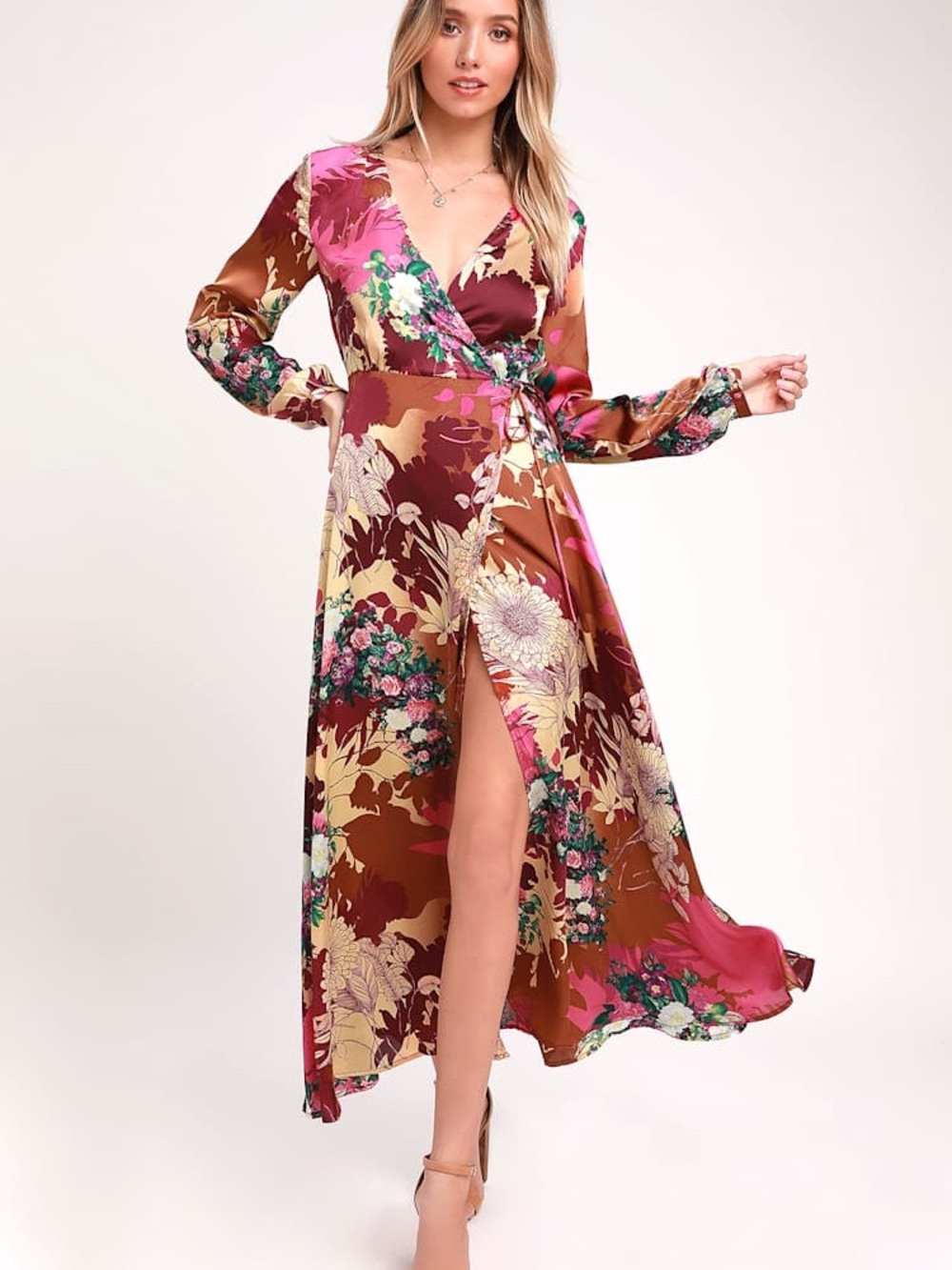 Lulus Burgundy Floral Print Satin Wrap Maxi Dress Sz Medium/Small Boho Festival
